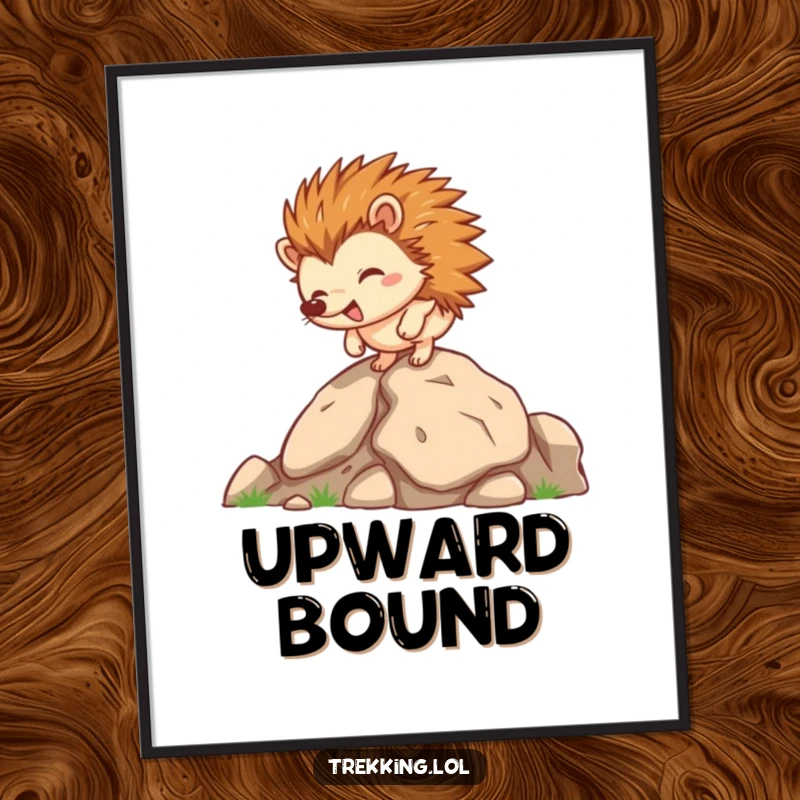 Funny hedgehog poster, a happy hedgehog character scampers up a steep rocky incline with positive energy.
