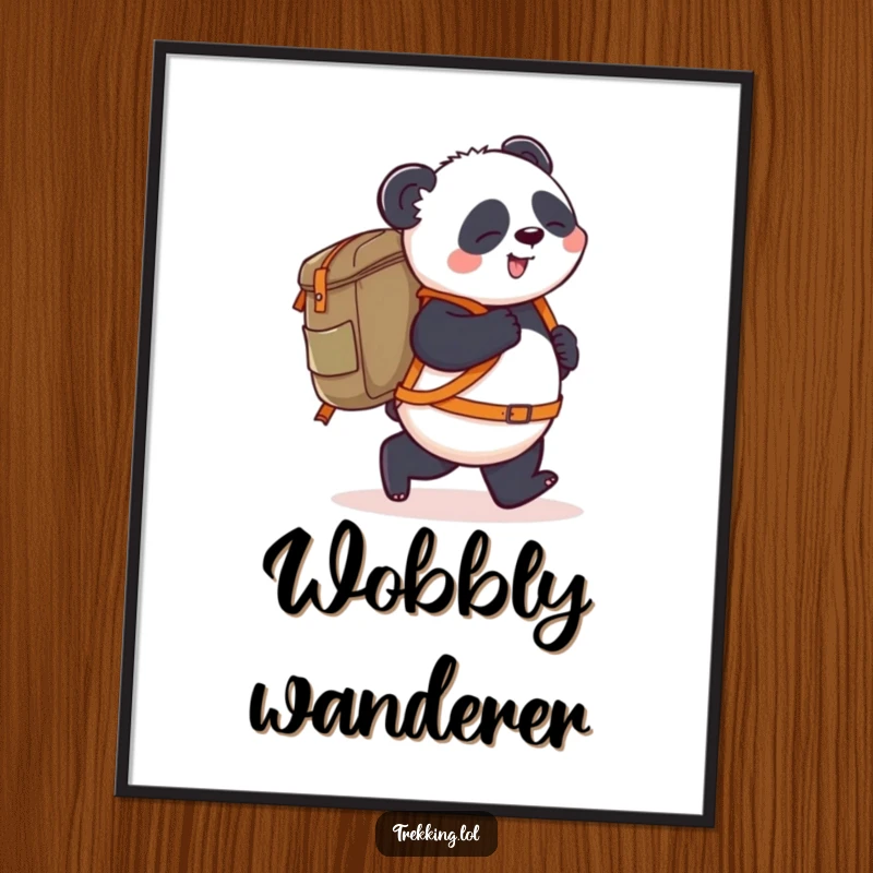 Funny Poster: A playful panda carries a giant backpack, stumbling slightly forward, creating whimsical wall art that depicts the humorous side of adventure.
