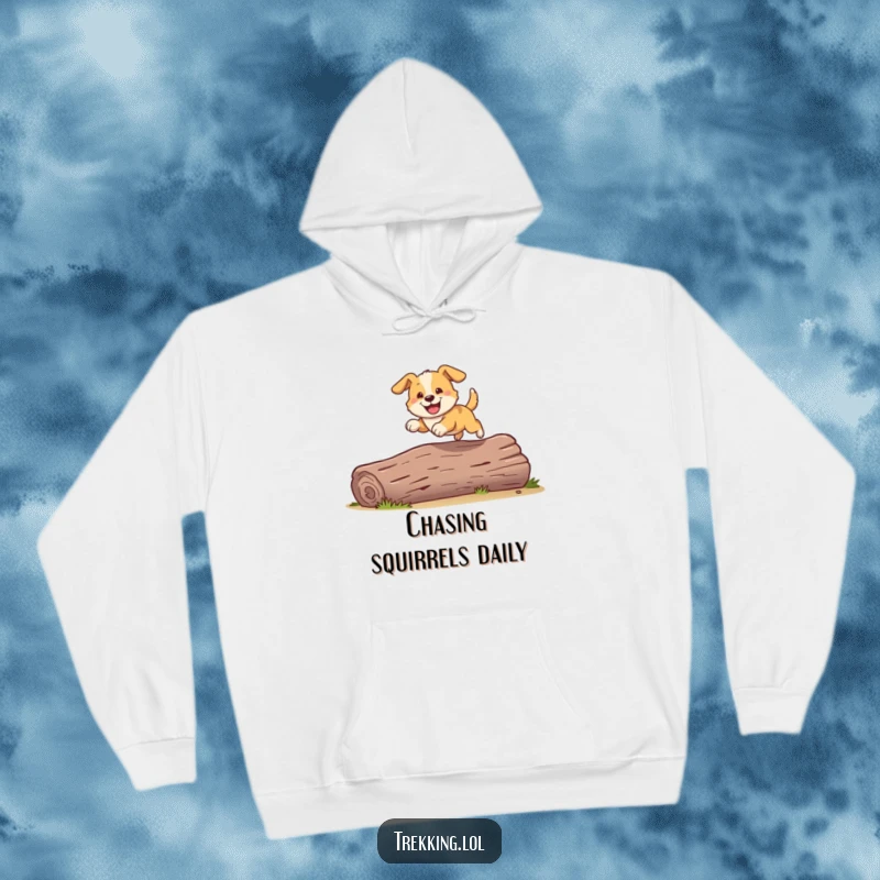 Funny hoodie featuring a playful dog grinning as it bounds over a fallen log, adding warmth and humor.