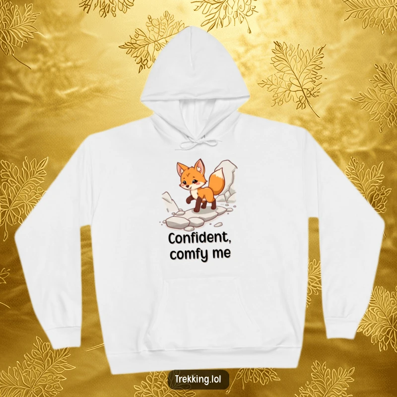 Funny fox cub hoodie, confidently walking on a rocky path, embodying resilience and a cheerful spirit.
