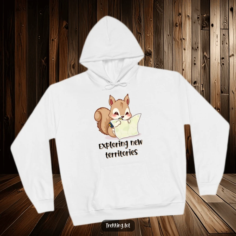 Funny hoodie featuring a curious squirrel peering at a map with a headlamp, ready for any adventure.