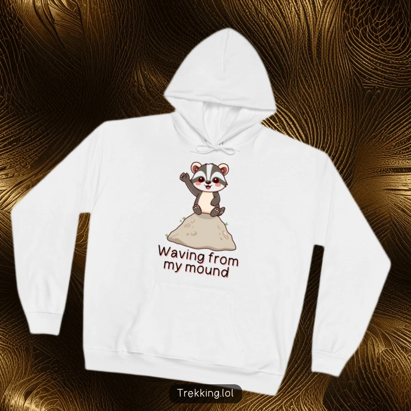 Funny Hoodie depicting an energetic badger giving a cheerful wave from a hilltop, offering warmth and humorous friendly vibes to the wearer.
