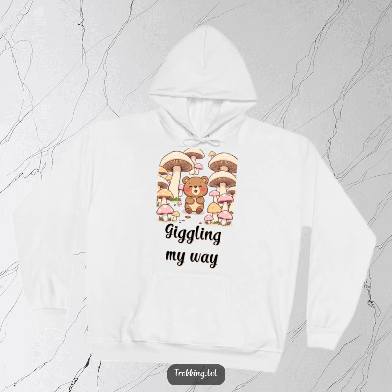 Funny hoodie with a giggling bear comically navigating a maze of giant mushrooms, providing warmth and a playful design.