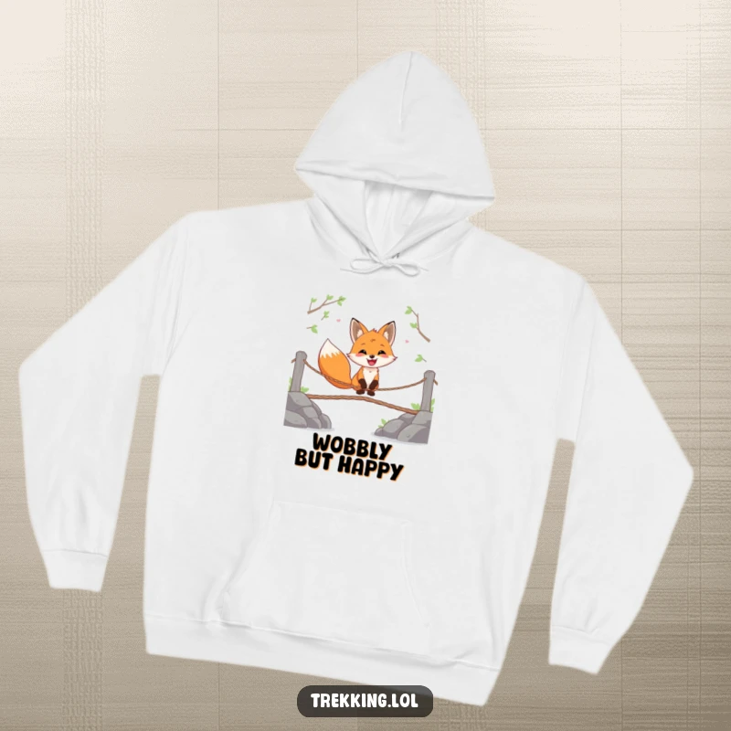 Funny hoodie featuring a happy fox gleefully crossing a wobbly rope bridge, offering warmth and adventurous, joyful style.