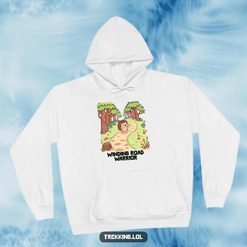 Funny hedgehog hoodie design featuring a happy hedgehog bouncing with glee along a winding forest path, surrounded by trees.