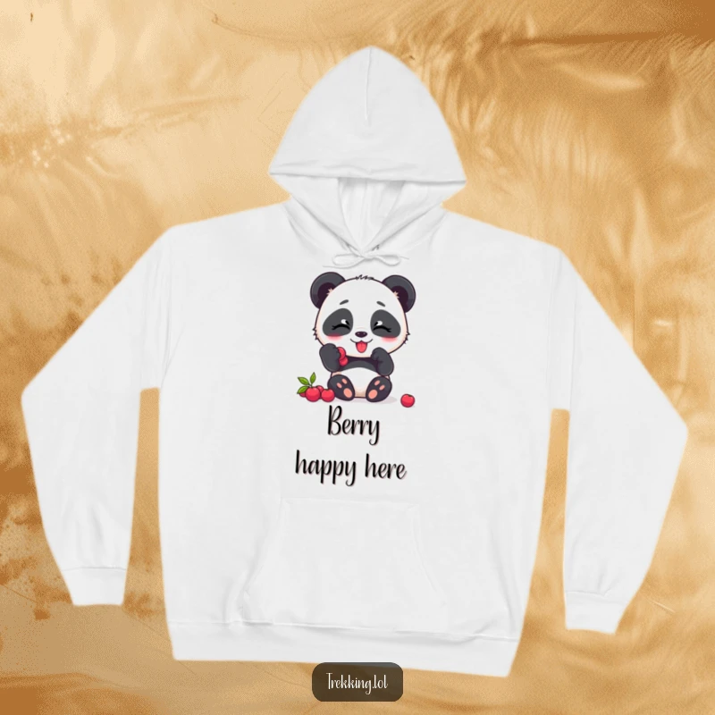 Funny panda hoodie, a joyful panda character giggling and eating berries, radiating happiness.