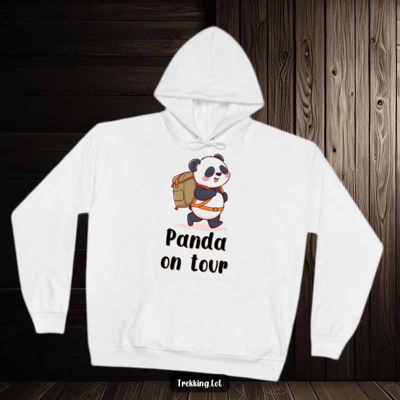 Funny Hoodie: A playful panda stumbles slightly forward while carrying a giant backpack, offering cozy comfort and a humorous take on adventure.