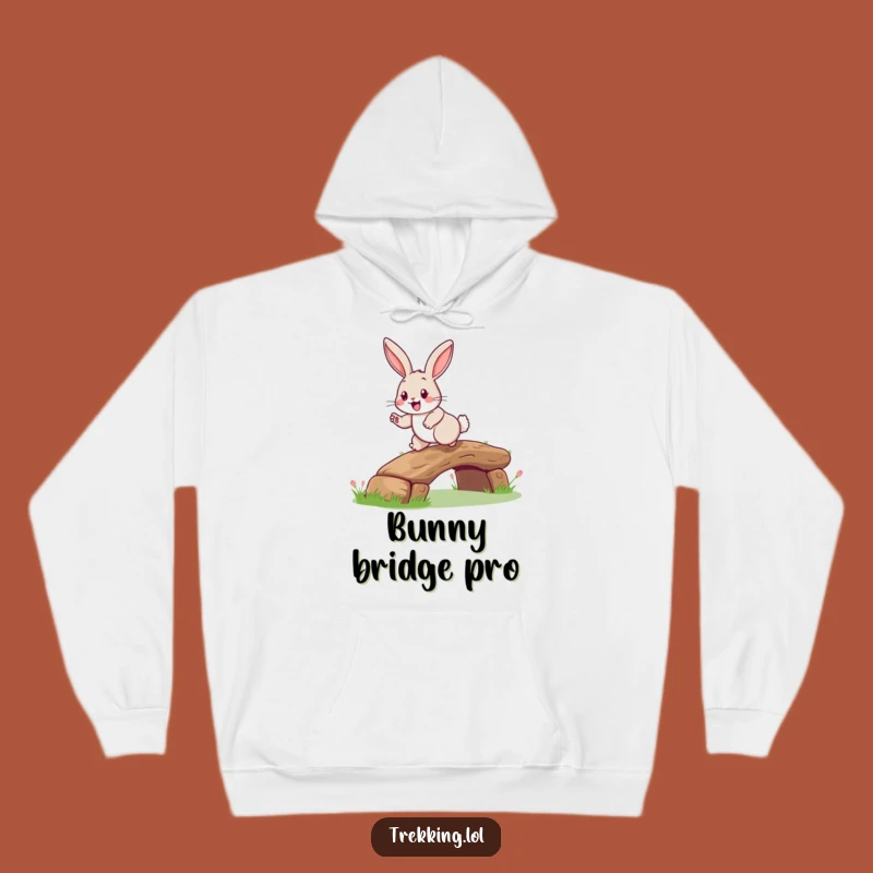 Funny Rabbit Log Bridge Hoodie: Happy Hopper Rabbit, Cozy Woodland Comfort Gift