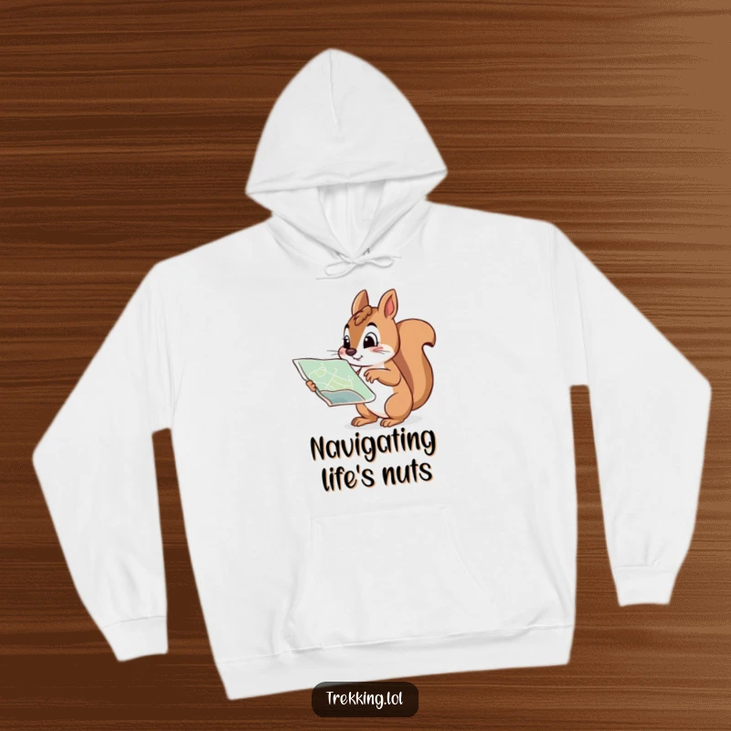 Funny hoodie depicting a curious squirrel pointing at a map with a determined expression, ready for any expedition.