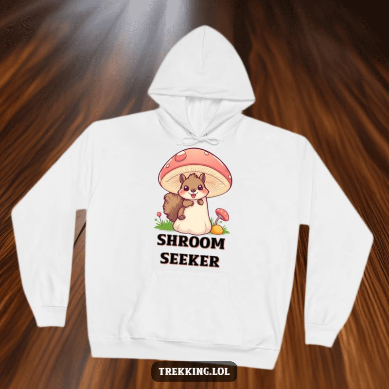 Funny squirrel mushroom hoodie featuring a fluffy squirrel peering excitedly from behind a large, colorful mushroom, perfect for cozy wear.