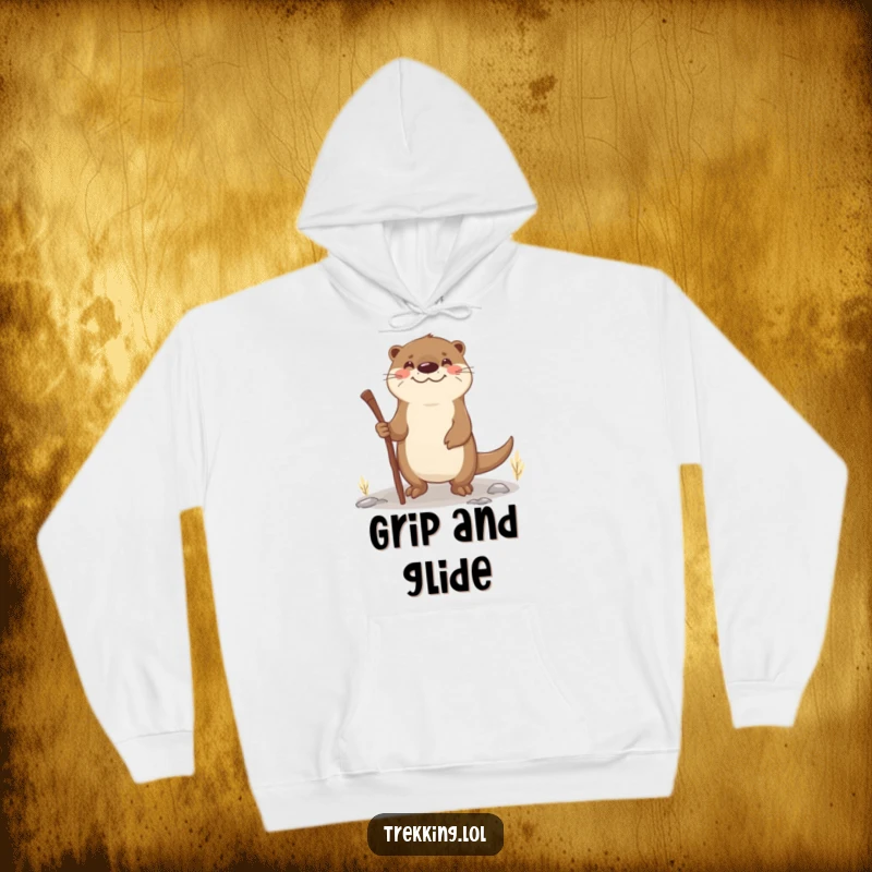 Funny otter walking stick hoodie featuring a smiling otter using a stick as a walking aid on uneven terrain, perfect for cozy wear.