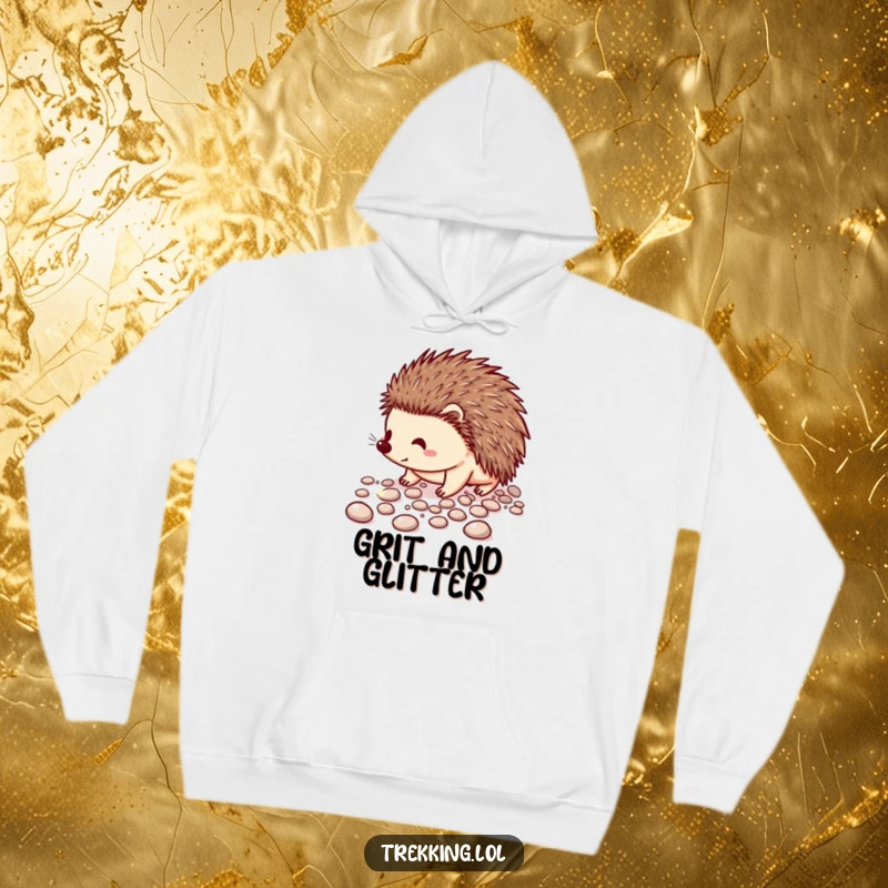 Funny hooded sweatshirt featuring a happy hedgehog carefully crossing a path of shimmering pebbles, full of charm.