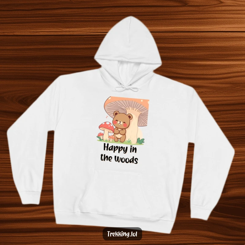 Soft, warm hoodie featuring a happy bear amidst giant mushrooms, ideal for fantasy lovers.