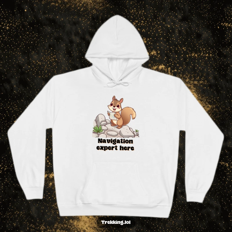 Funny squirrel hoodie showcasing a cheerful rodent with a map, happily navigating a rocky path, designed for comfort and exploration.