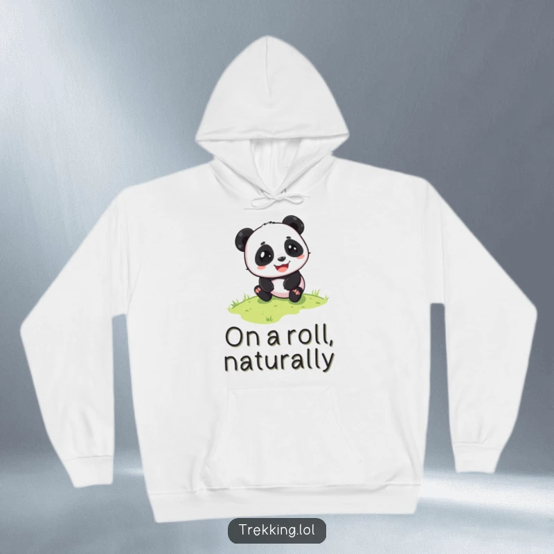 Funny panda hoodie featuring a playful panda sliding down a grassy slope with pure glee. Cozy and embodies carefree fun.
