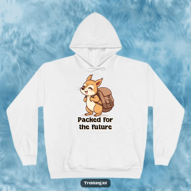 Funny giggling squirrel carrying a ridiculously oversized backpack uphill on a hoodie, warm and humorous.