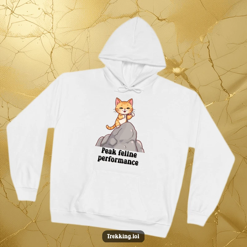 Funny hooded sweatshirt of a tenacious cat using a tiny grappling hook to scale a rugged rock, promoting perseverance.