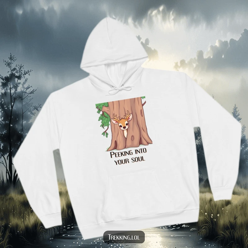 Funny hoodie featuring a delighted deer peeking curiously from behind a tree, ideal for warmth and comfort.