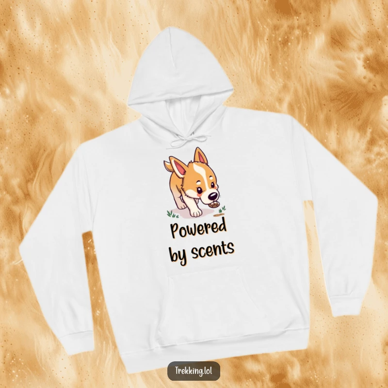 Funny hoodie featuring a happy dog with its nose down, intently following a scent trail, radiating excitement and a sense of discovery.