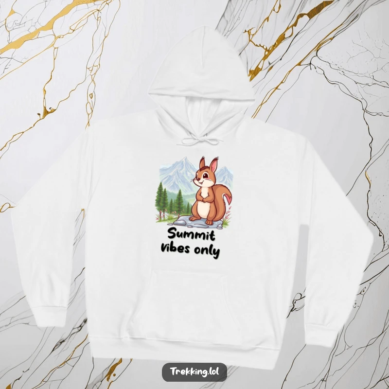 Funny hoodie showcasing a smiling squirrel admiring a majestic mountain vista, symbolizing peaceful contemplation and outdoor joy.