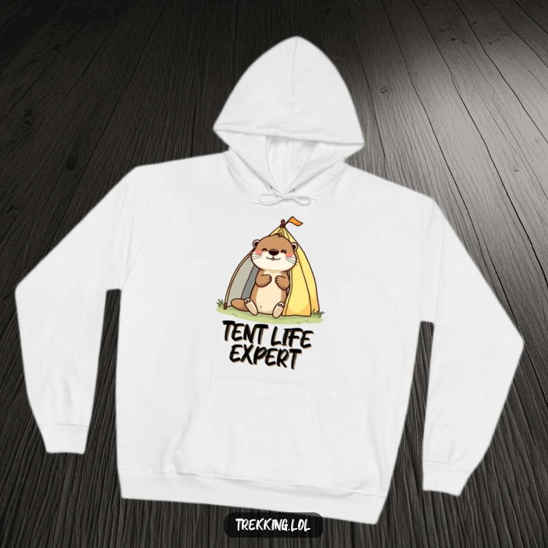 Funny hoodie featuring a playful otter enthusiastically pitching a tent, designed for comfort and camping enthusiasts.