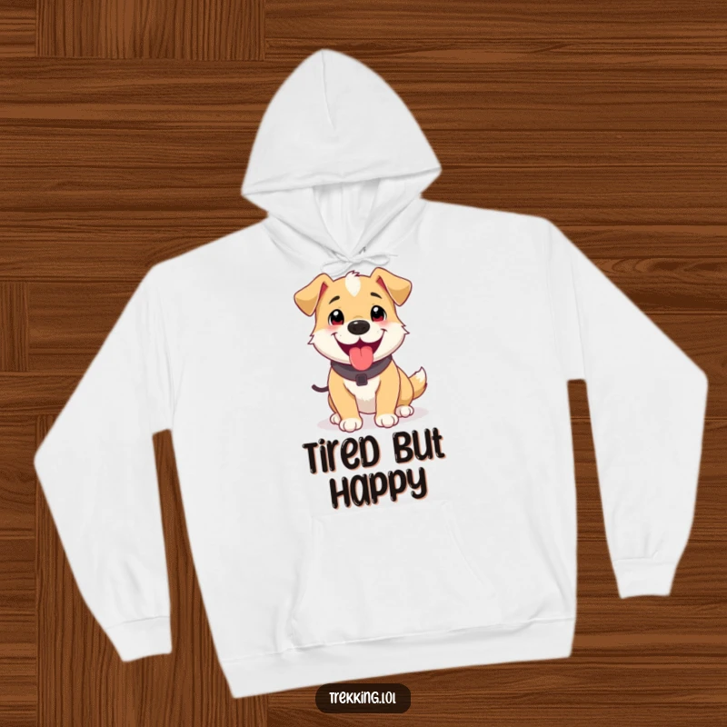 Funny hoodie featuring a joyful, panting dog after a short trek, offering warmth and humorous comfort for dog lovers.