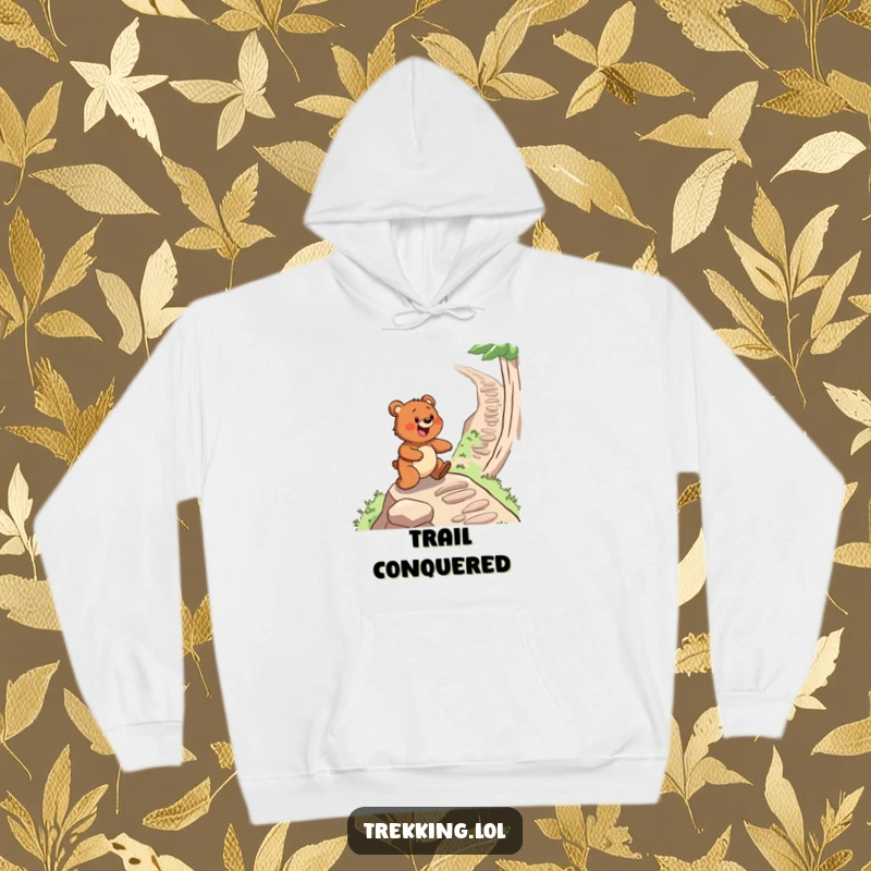 Funny hoodie featuring a determined bear gleefully ascending a steep, winding mountain path, perfect for adventure seekers.