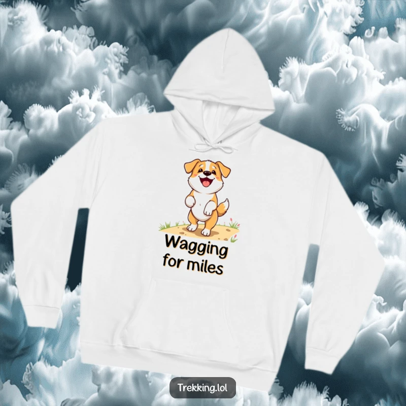 Funny Hoodie featuring a delighted dog panting happily and wagging its tail on a hiking trail, offering warmth and humor.