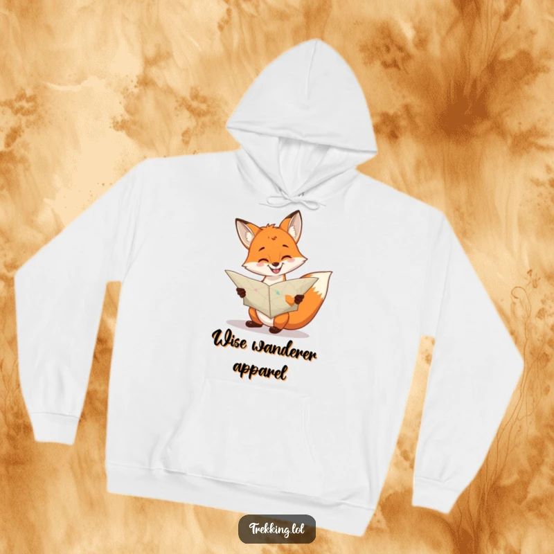 Funny cheerful fox consulting a large, unfolded map with a grin on a hoodie, cozy and adventurous.