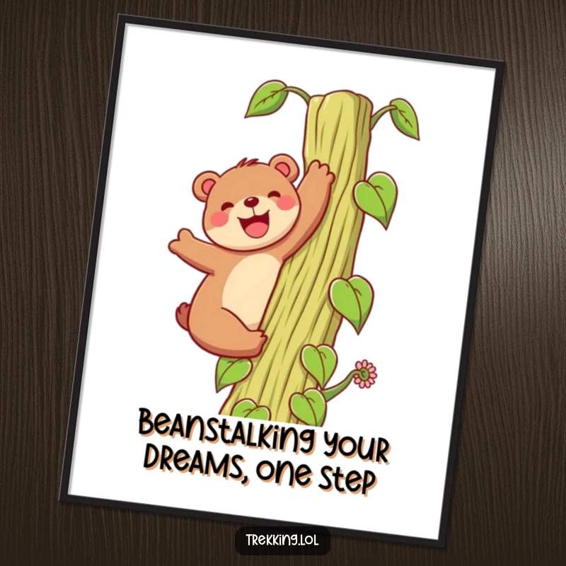 Funny Free Printable Wall Art: Happy Bear Grinning While Climbing a Giant Beanstalk!