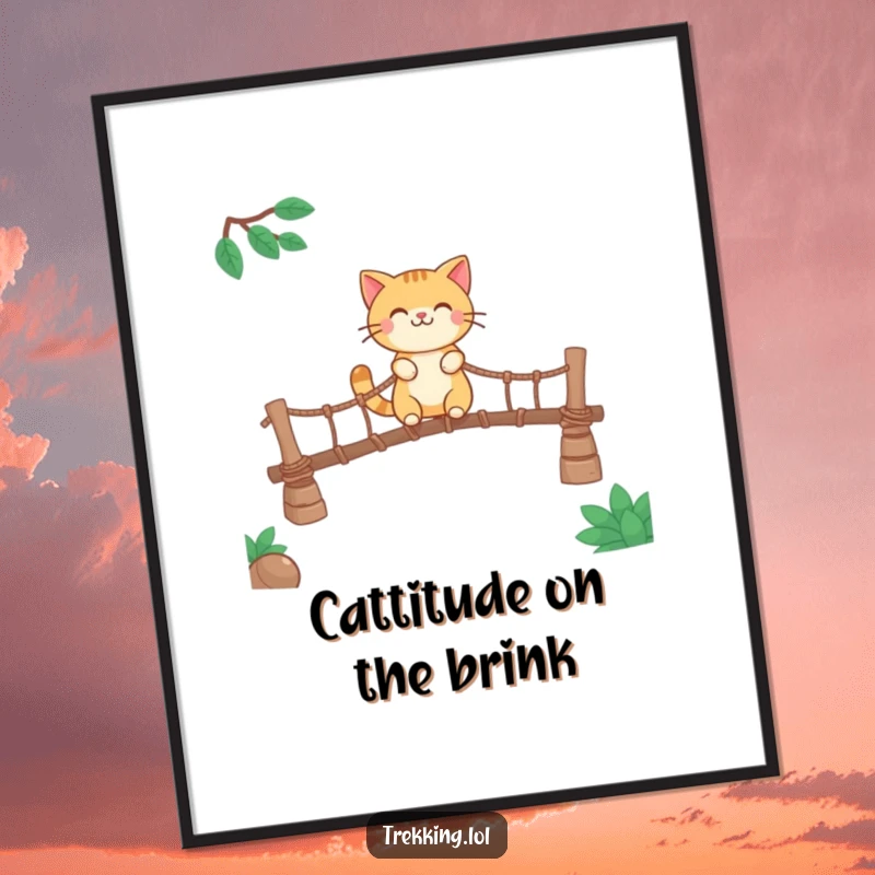 Funny free printable wall art featuring a smiling cat happily crossing a precarious, rickety rope bridge, adding a touch of playful courage.
