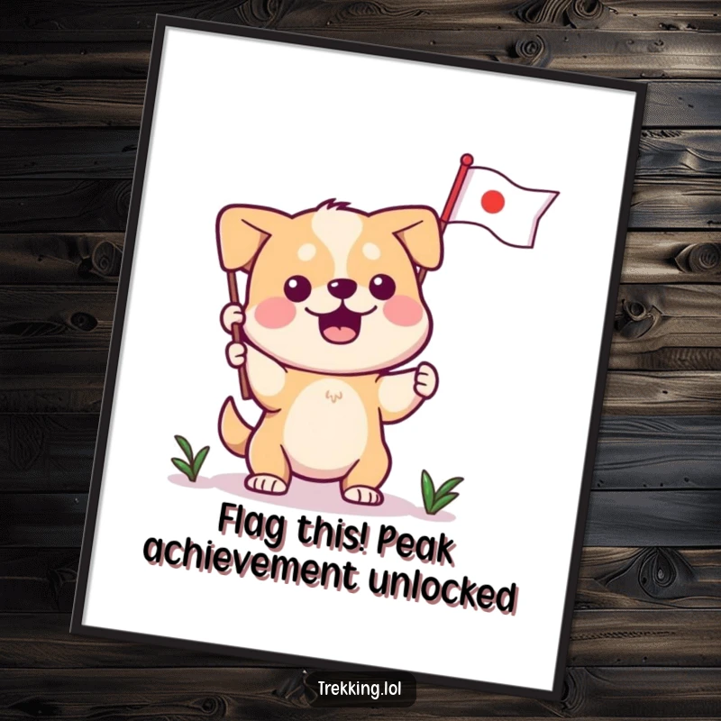 Funny Free Printable Dog Wall Art of a determined dog planting a tiny flag, symbolizing a major achievement with heroic, comical flair.