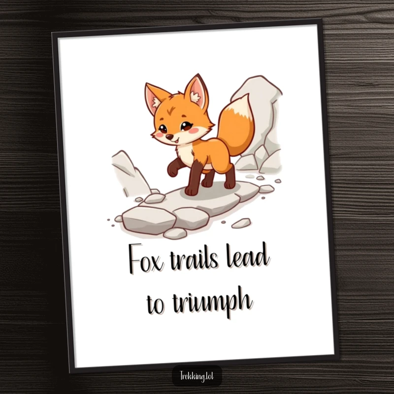 Funny Free Printable Wall Art: A cheerful fox cub confidently walks along a rocky trail with a determined and happy stride.