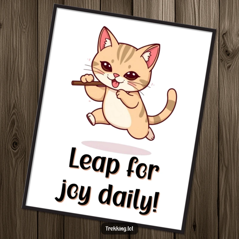 Funny Free Printable Wall Art: Determined cat leaping with a walking stick, a humorous downloadable art piece.