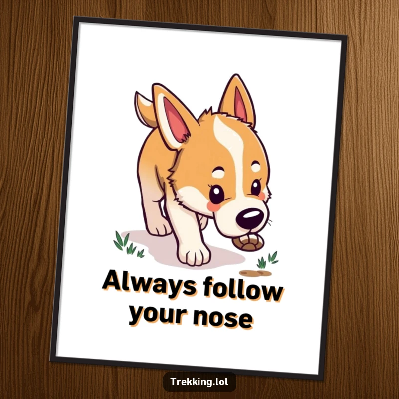 Funny Free Printable Wall Art of a happy dog with its nose to the ground, eagerly tracking an unseen trail.