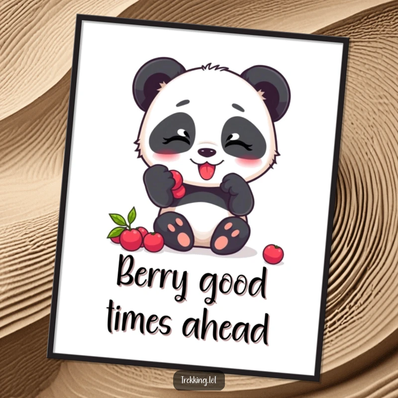 Funny Free Printable Panda Wall Art depicting a giggling panda joyfully snacking on sweet berries, creating a scene of pure, lighthearted happiness.