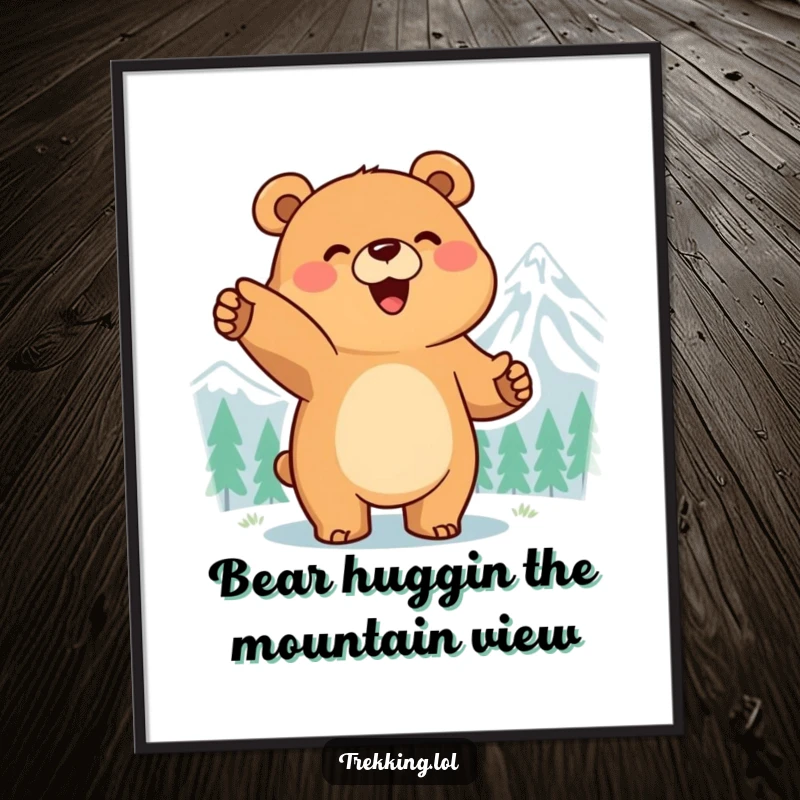 Funny Free Printable Wall Art: Smiling bear excitedly pointing at a distant mountain peak, inspiring awe. Humorous downloadable decor.