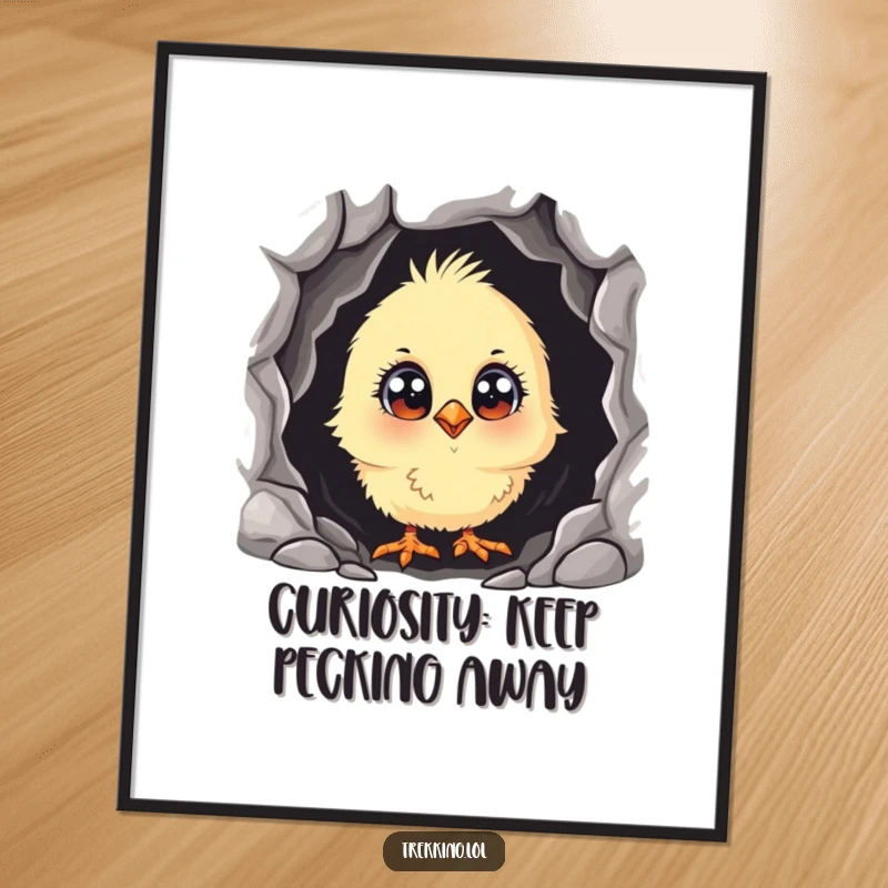 Funny Free Printable Wall Art: a curious chick with wide eyes peeking into a dark cave, full of wonder.