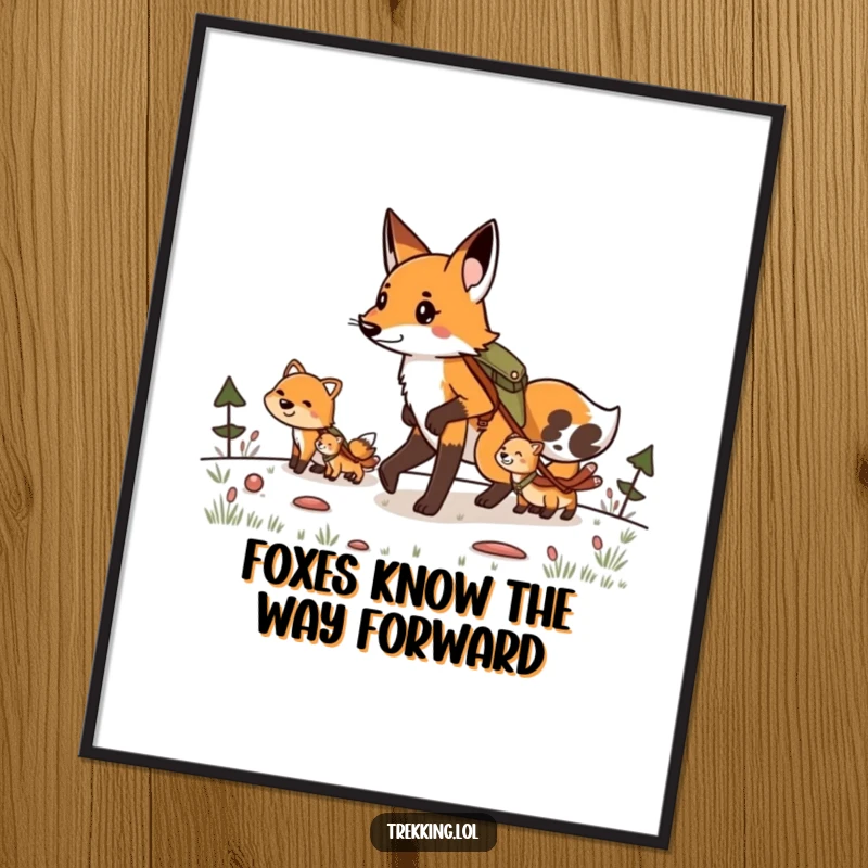 Funny Free Printable Wall Art: Determined fox leading smaller animals on a mountain hike, a scene of adventure. Humorous downloadable decor.