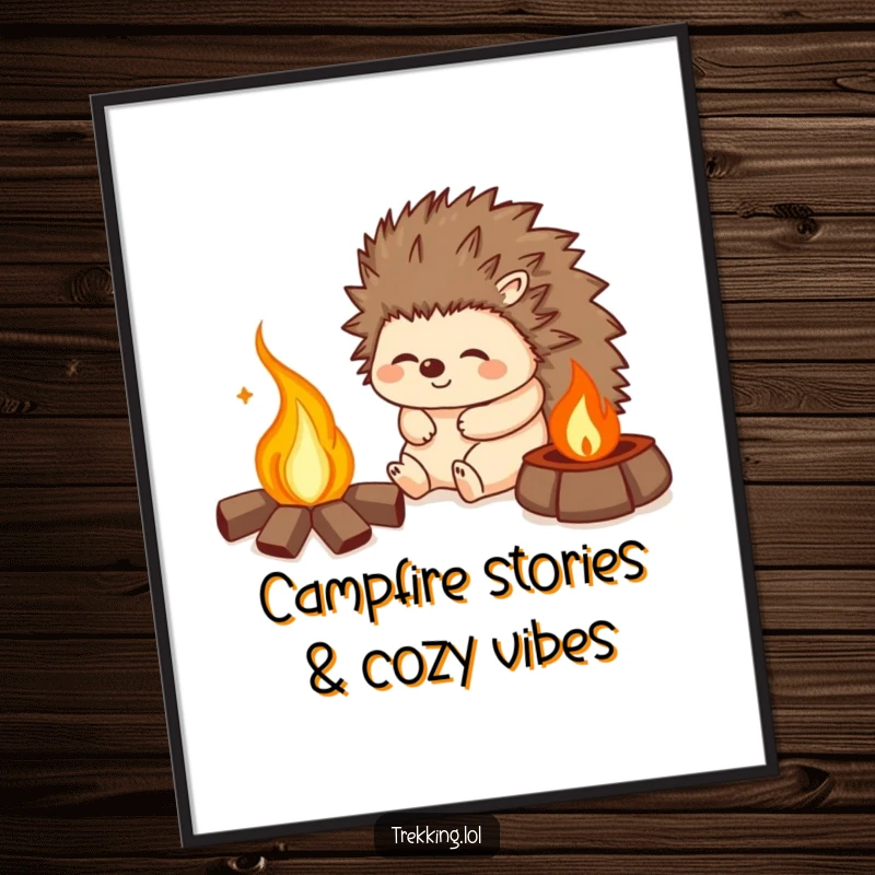 Funny Free Printable Wall Art: Hedgehog peacefully resting by a campfire, exuding pure contentment, perfect for cozy vibes.