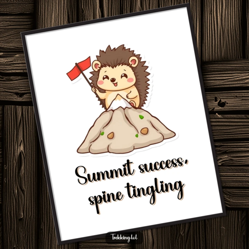 Funny Free Printable Wall Art: Happy hedgehog planting a flag on a miniature mountain peak, inspirational downloadable decor.