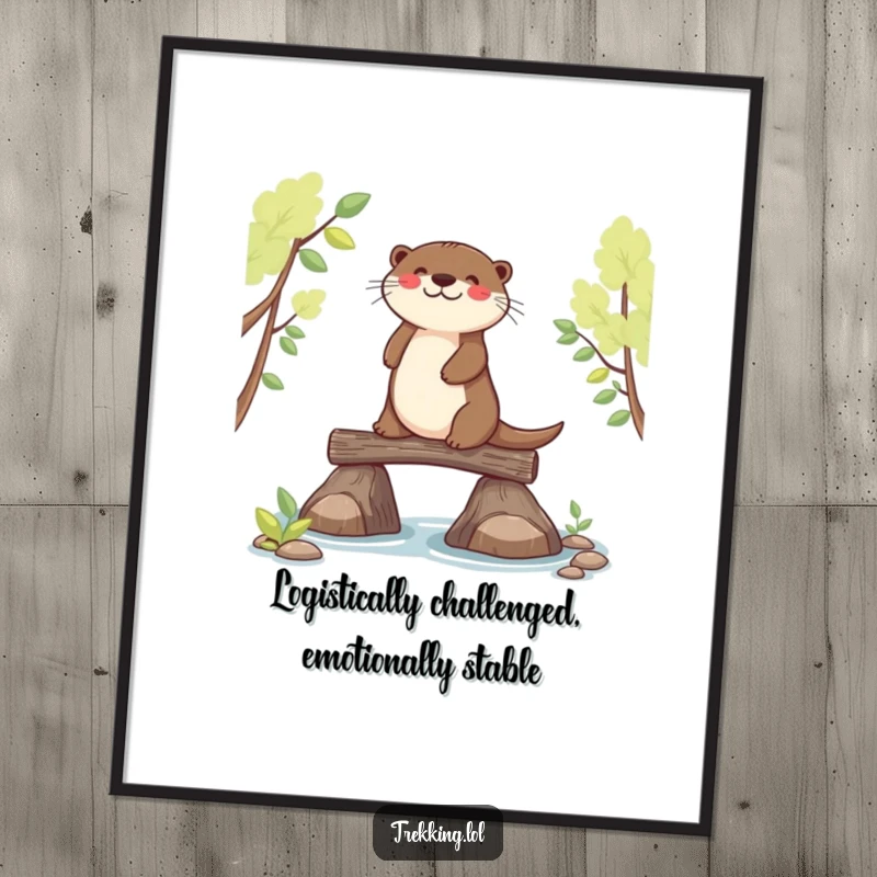 Funny Free Printable wall art of a joyful otter concentrating on balancing across a narrow log bridge.