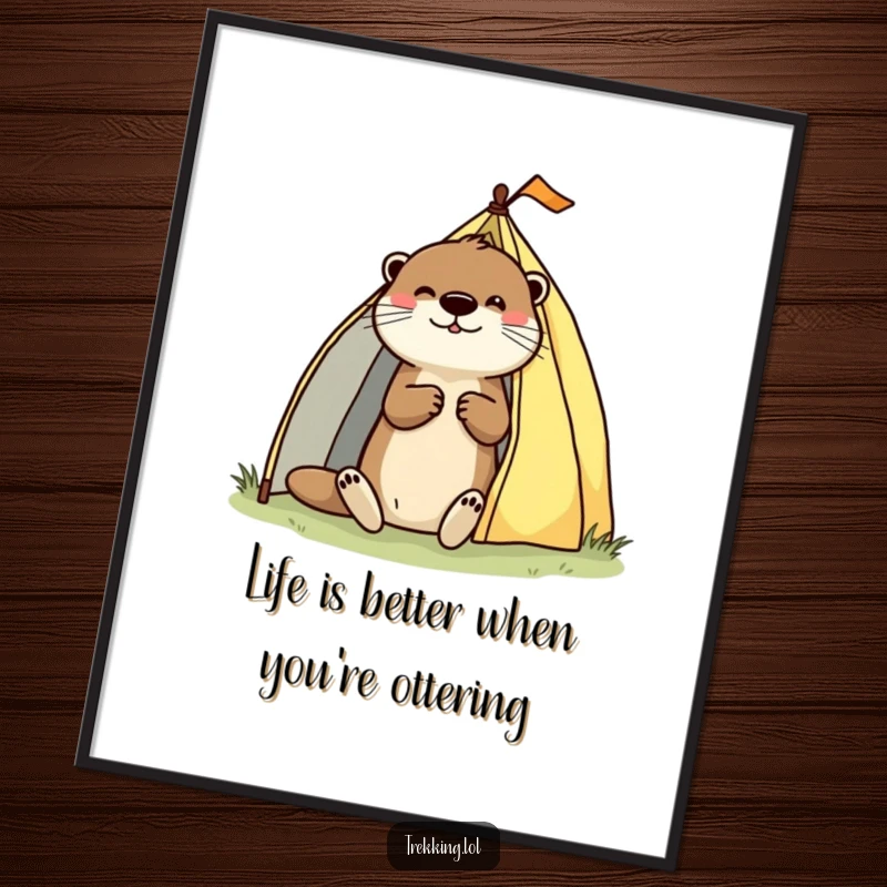 Funny Free Printable Wall Art: A playful otter enthusiastically pitching a tent, perfect for camping enthusiasts.