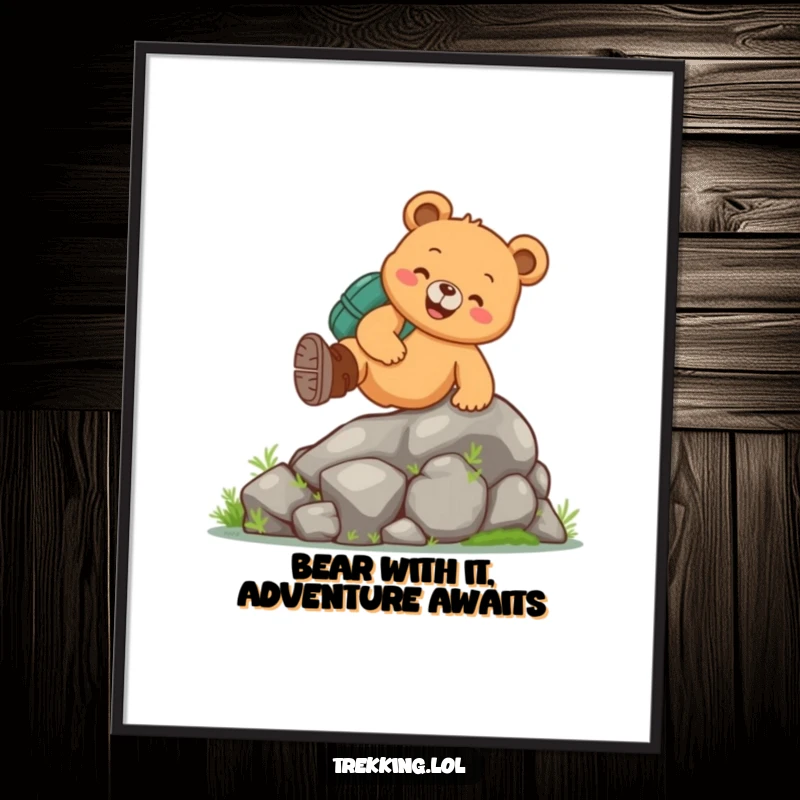 Funny Free Printable Wall Art: Cheerful Bear in Hiking Boots Ascending a Mossy Rock, Outdoor Adventure Vibe!