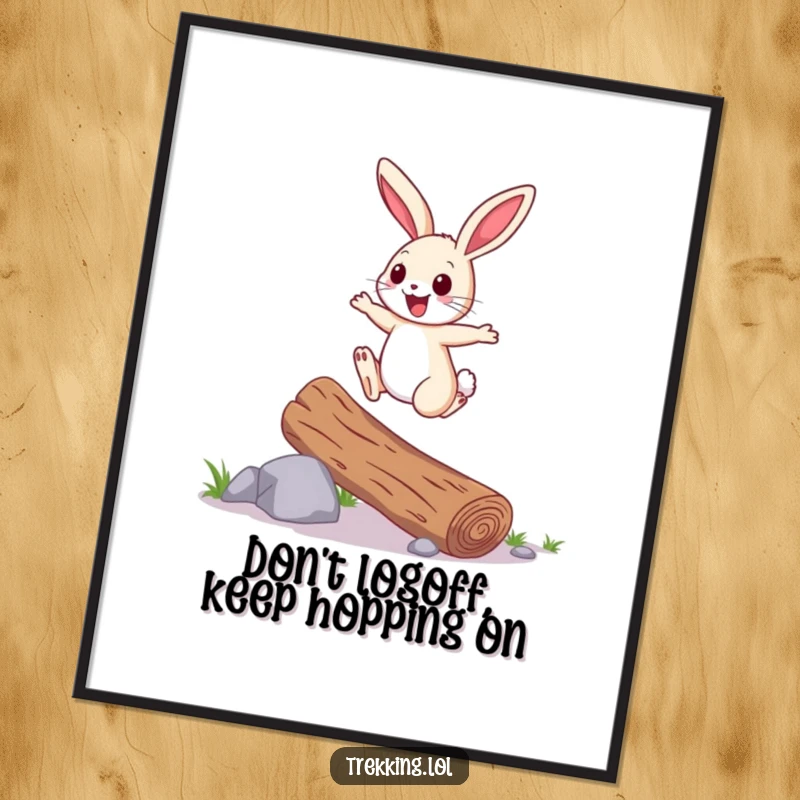 Funny Free Printable Wall Art: Cheerful Bunny Joyfully Hopping Over a Fallen Log!