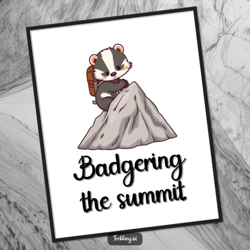 Funny Free Printable Wall Art of a determined badger with a tiny backpack, scaling a miniature mountain, a symbol of perseverance.