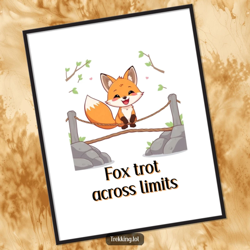 Funny Free Printable Wall Art of a happy fox gleefully crossing a wobbly rope bridge, symbolizing adventure and fun.