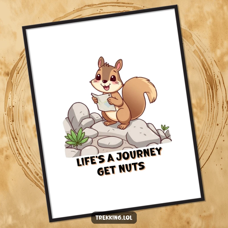 Funny free printable wall art: a cheerful squirrel happily navigating a rocky path, holding and reading a map.
