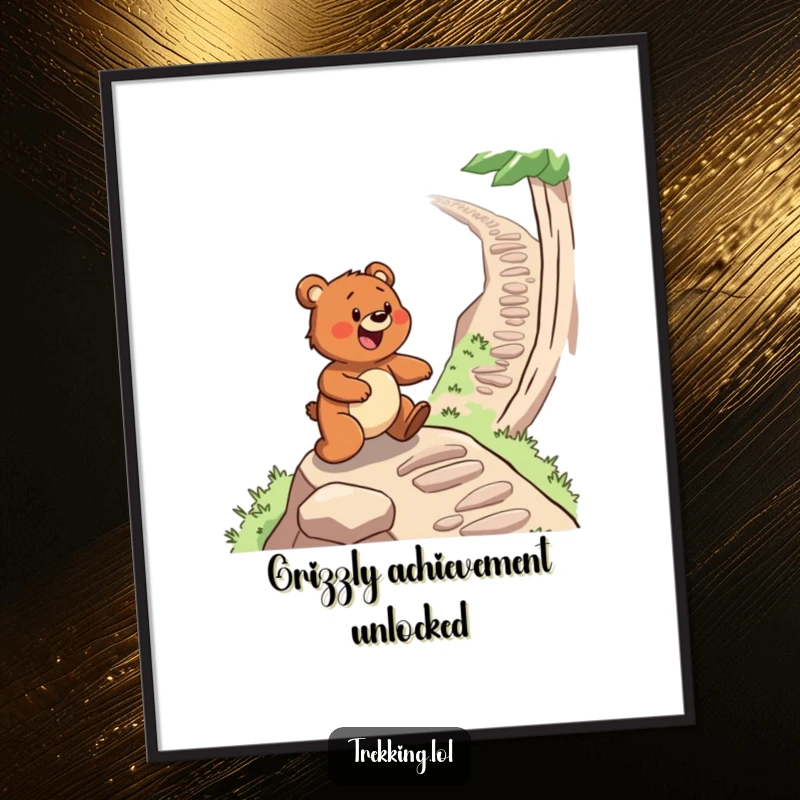 Funny Free Printable Wall Art: A determined bear gleefully navigating a challenging path, inspiring art for any room.