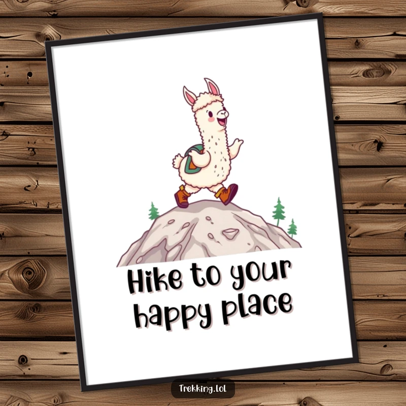 Funny free printable wall art: A happy alpaca in hiking boots joyfully skips up a mountain, bringing adventure vibes.